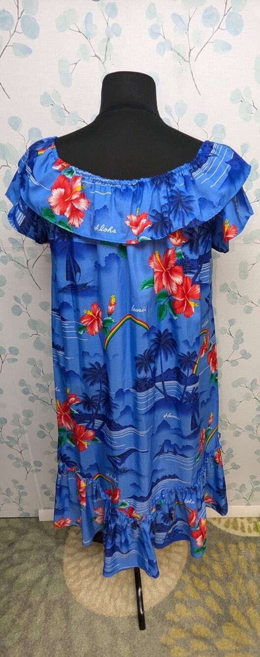 Vintage 70s 0X-3X One Size Plus Hawaii Print Mumu Dress Ruffle Neck Blue Floral